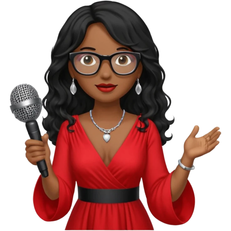 singer, Middle age, long wavy black hair, brown skin, wearing dress, holding mic, glasses emoji