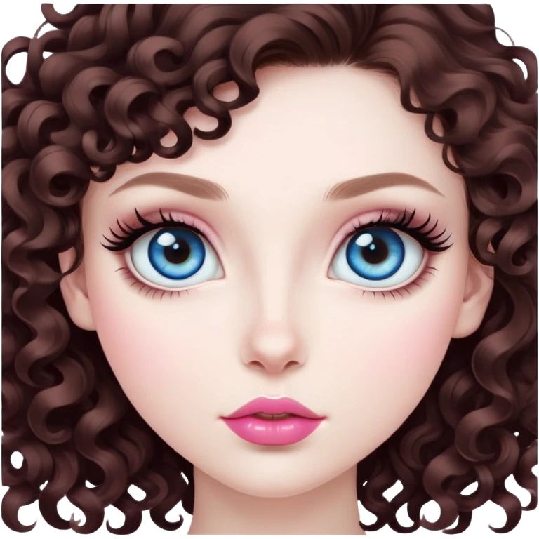 beautiful girl with big blue eyes, long lashes, pale skin, nice pink lips, and nice voluminous dark brown curls emoji