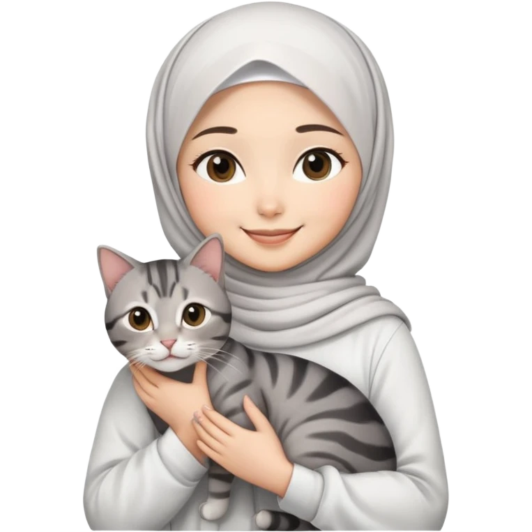 Asian White girl wearing  hijab and white dress holding a black grey tabby cat while smiling.  emoji