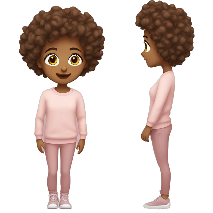 Tan skin girl with curly brown hair, brown eyes with a light pink sweater emoji