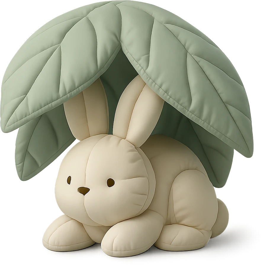 a bunny hiding under giant forest leaves, whimsical feel, cushion style emoji