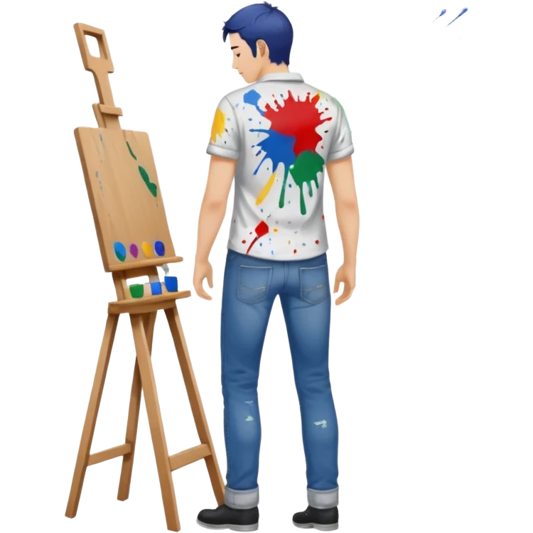 the white artist stands with his back to the painting, painting a portrait emoji