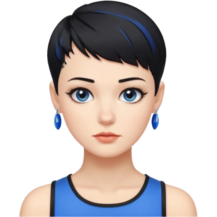 frau freche extreme schwarze Kurzhaarfrisur eine Seite wirklich fast keine Haare andere Seite mit blauer Strähne kurze Seite noch viel kürzer emoji