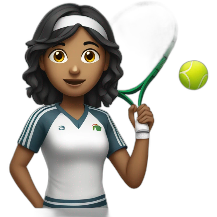 indian girl teenager playing tennis wearing a spartan uniform with wavy black hair emoji