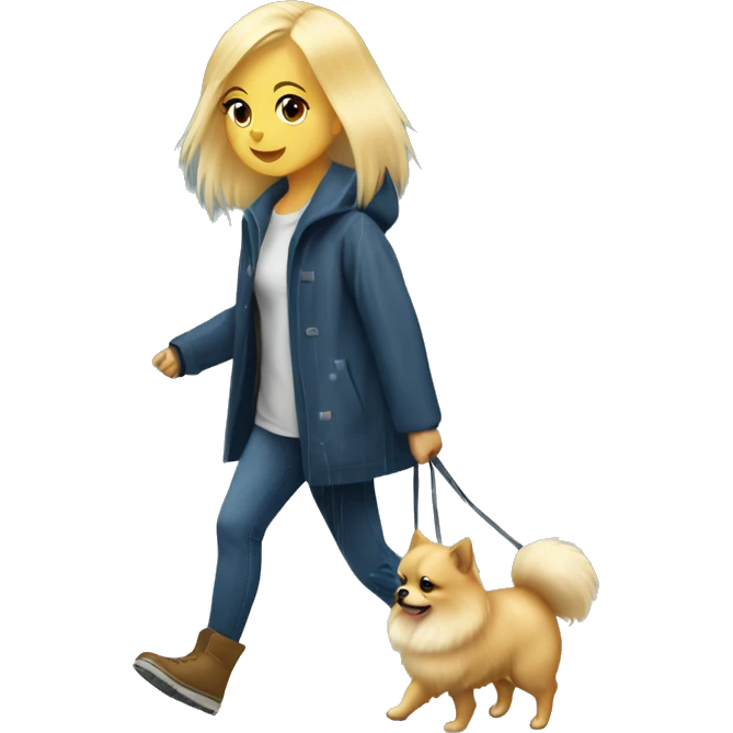 Blonde girl walking tiny pomeranian under the rain emoji