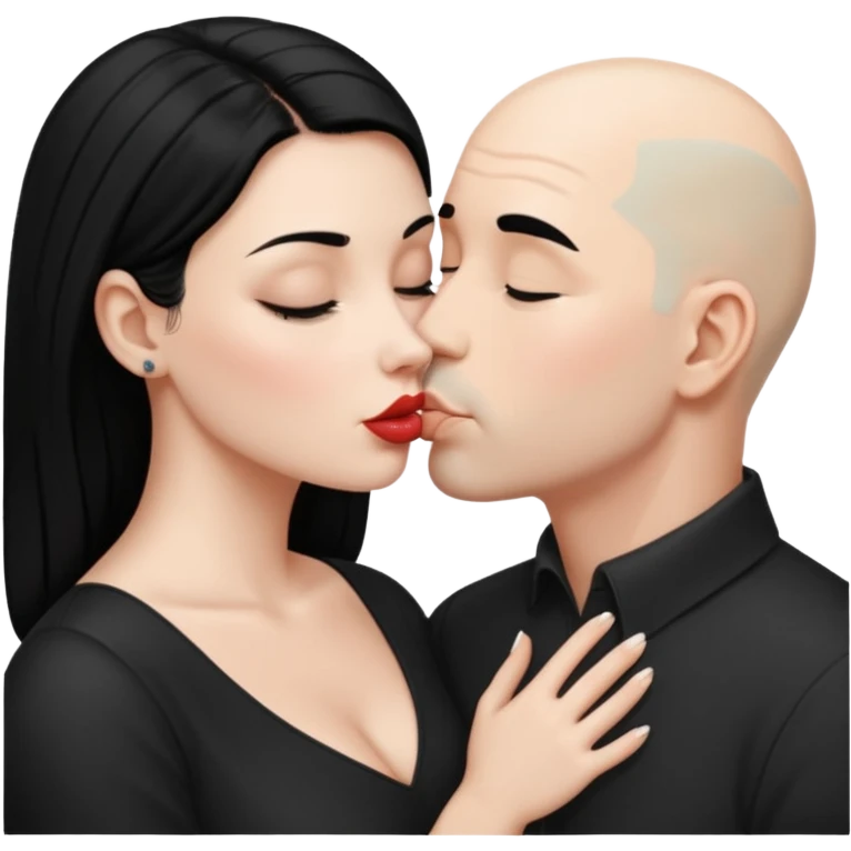 👩🏻‍❤️‍💋‍👨🏻 this one but the man should be bald. white woman with black hair and white bald man kissing emoji