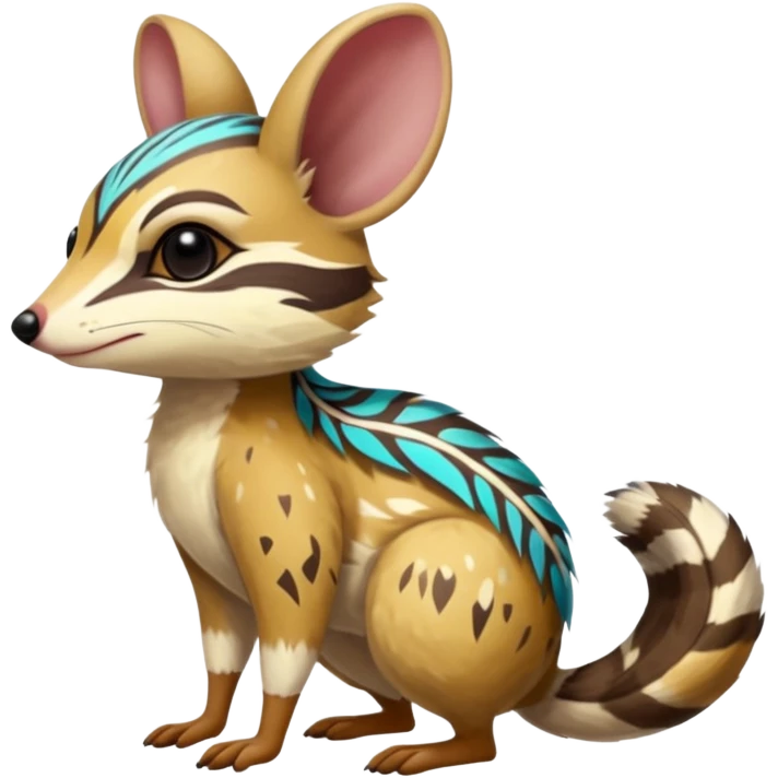 Tropical Exotic Colorful Floral Feathery Numbat-Bilby-Quoll-Furret-Fakémon-furry-fursona-creature (full body) with tribal markings emoji