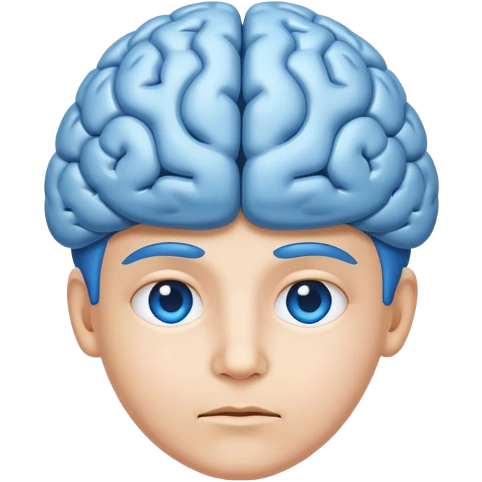 All blue adult person face emoji with a brain for hair and calm content expression emoji