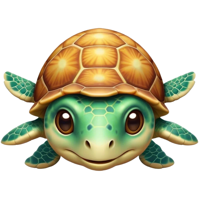 Cinematic Cute Sea Turtle Portrait Emoji, Head tilted playfully and inquisitively, featuring a charming, compact form with a beautifully patterned, domed shell and gentle, sparkling eyes full of oceanic wonder, Simplified yet irresistibly adorable features, highly detailed, glowing with a warm, friendly sea glow, high shine, affectionate and lively, stylized with a touch of whimsical marine charm, soft glowing outline, capturing the essence of a mischievous yet loving sea turtle that seems as if it could swim out of the screen into your arms! emoji