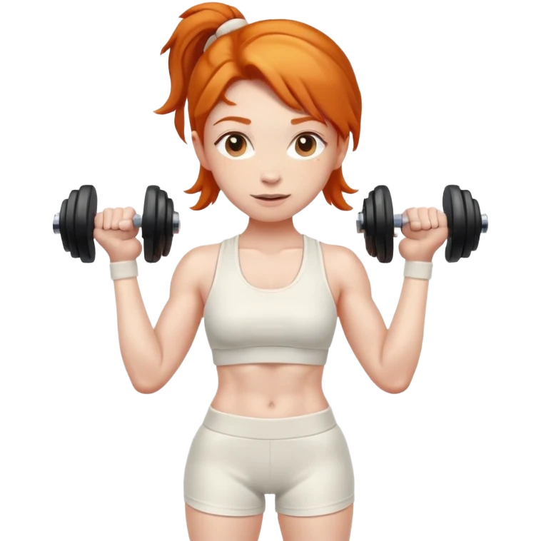 Ginger gym girl with dumbbells and cream gym clothes emoji