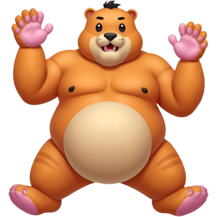 Oilly fat strong muscle blizzbeast with big fat inflated bloated balloon king size massive oilly belly with legs spread out showing black feet paw pads with a outtie bellybutton blushing and moaning farting emoji