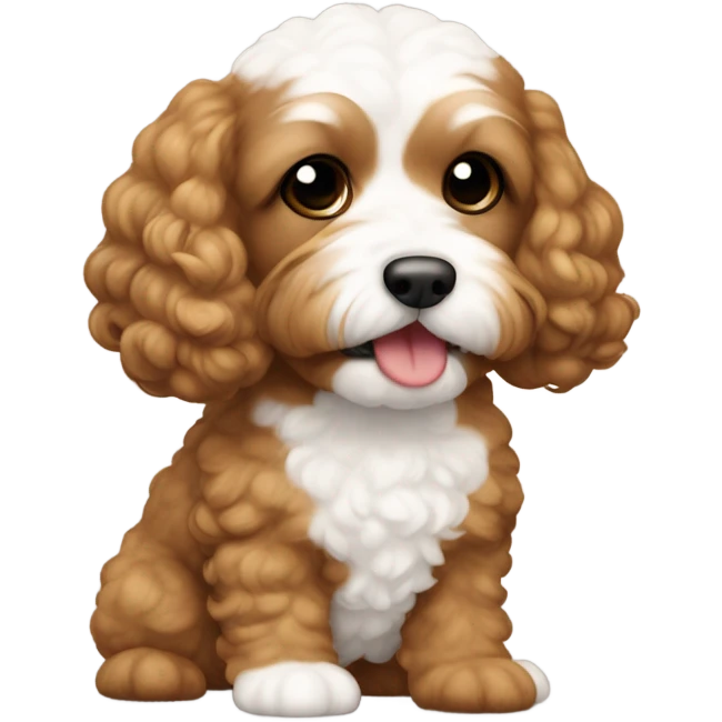 light brown cavapoochon with white patch on chest wearing a lilac collar emoji