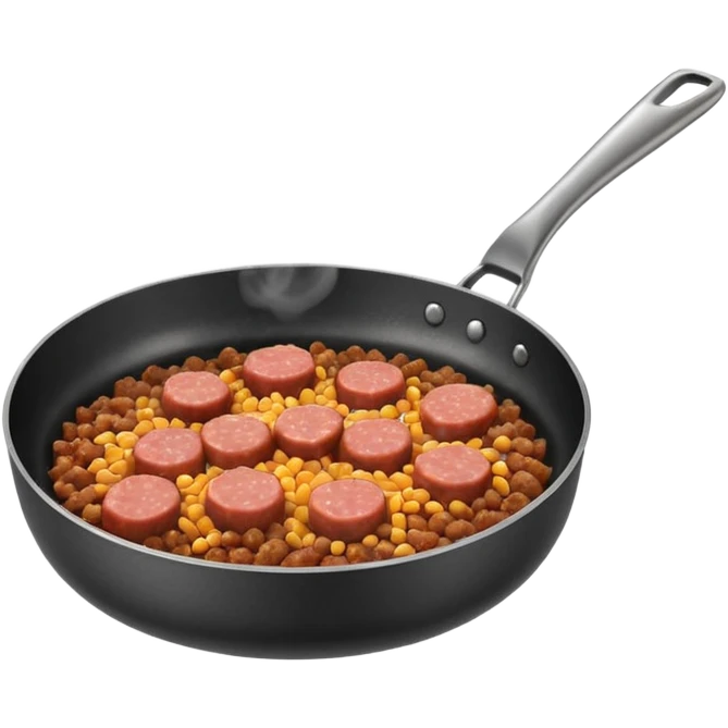 A 3D cartoon frying pan with minced meat being cooked, slight steam, realistic texture, Memoji-style. emoji