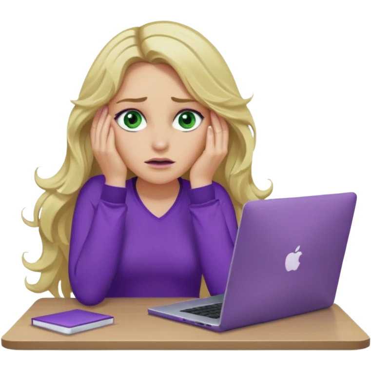 lady with long wavy blonde hair, purple top, green eyes, elbow on desk with hand on face, with a purple mac laptop tears rolling down her face as poorly emoji