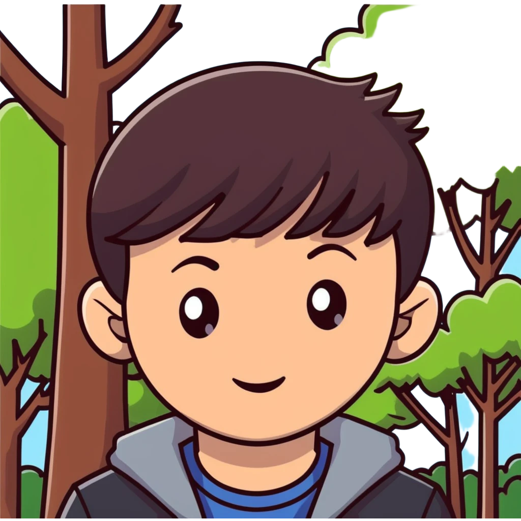 boy with straight short brunette hair brown eyes and tree behind emoji