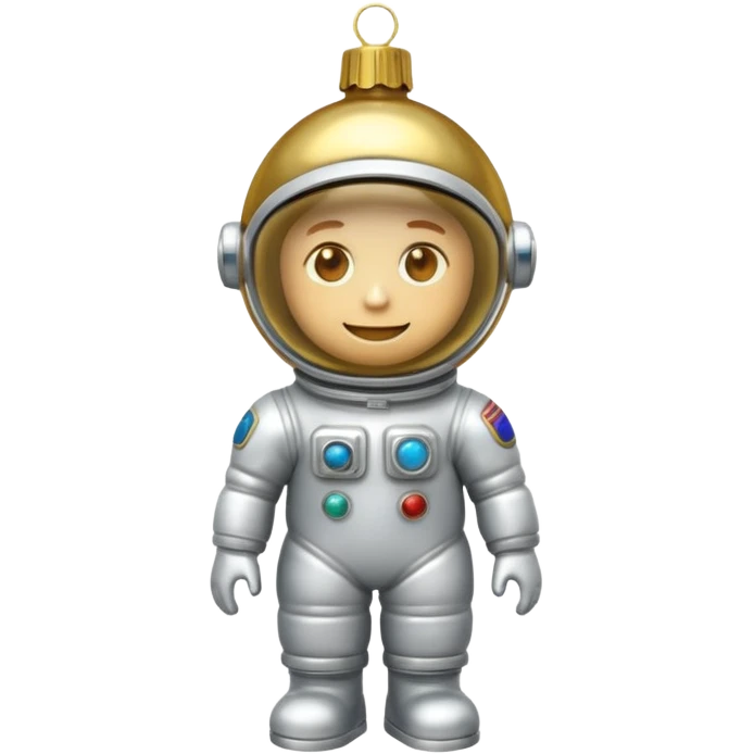 Apple iOS style 3D emoji of a vintage Soviet glass Christmas ornament shaped like a little astronaut. Shiny metallic paint, iridescent glass reflections, slightly distressed gold details. High-end
3D render, nostalgic aesthetic, isolated on a solid white background, 8k. emoji