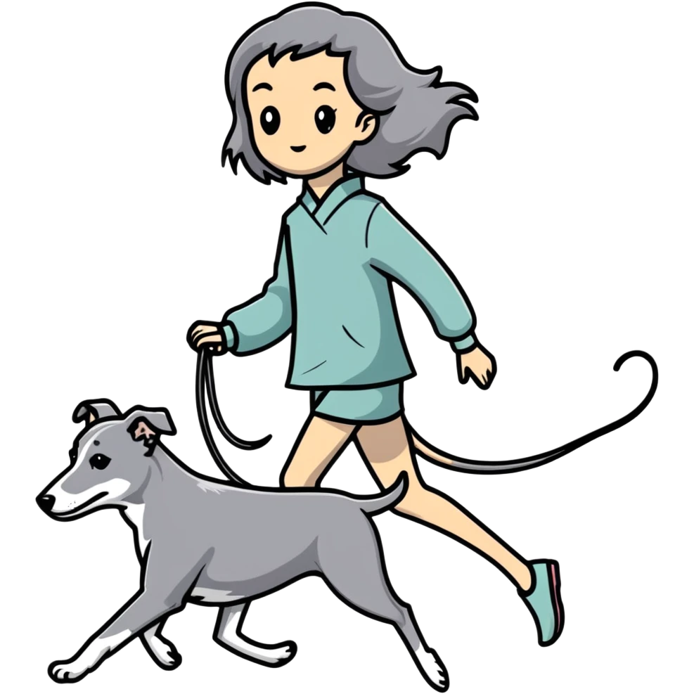 Japanese girl with flowing hair walking a solid grey greyhound with no white markings emoji