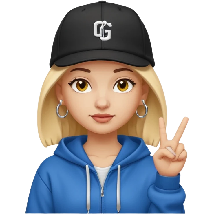 Emoji of a white girl with a gangster vibe — cartoon style, small rounded emoji proportions, confident smirk, wearing a snapback hat tilted to the side, hoop earrings, baggy hoodie, and making a hand sign. Bright, bold colors, clean minimal shading, glossy emoji finish emoji