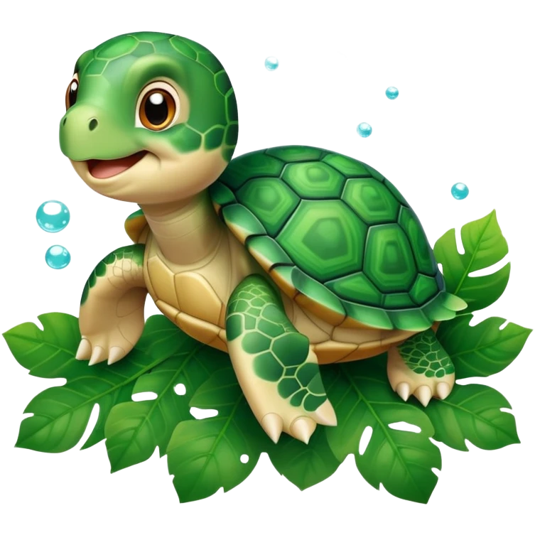 A cute turtle with a shell made of green leaves and bubbles floating around it emoji