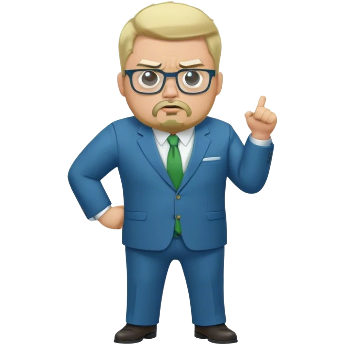 Full Body white male plus size wearing glasses with a goatee with lihu blonde and gray very short hair angry head Coach in blue and green suit emoji
