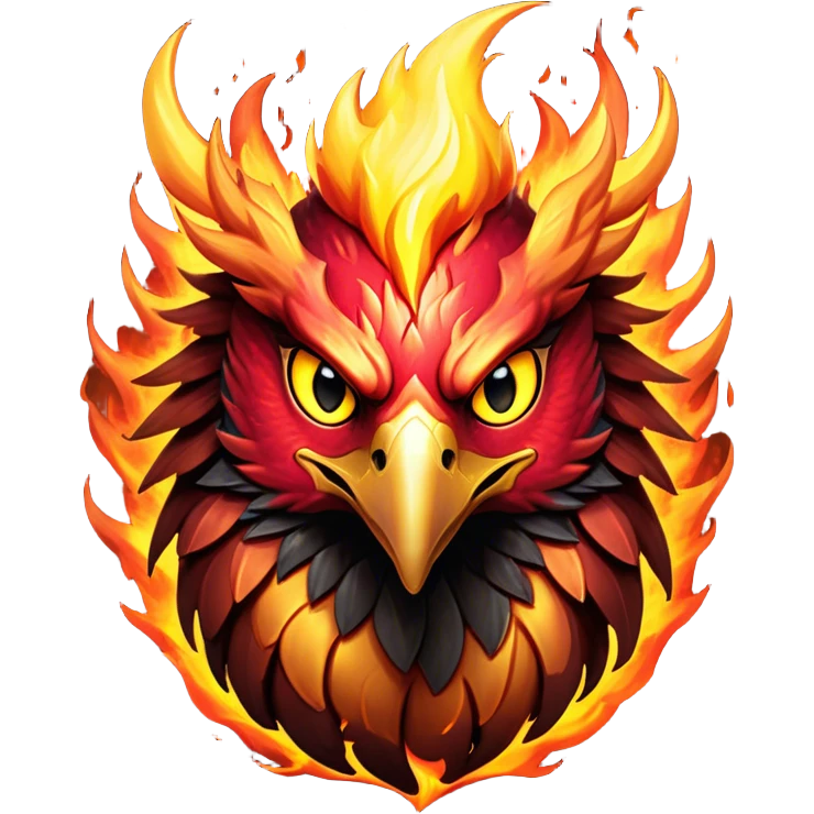 Cinematic Fierce Battle-Hardened Mystical Fire Phoenix Portrait Emoji, head tilted with an aggressive, unwavering gaze that speaks of relentless combat. The flame-kissed form is marked by rugged, charred feathers and vivid battle scars. Its blazing eyes radiate raw intensity and steely resolve, rendered with lifelike detail and stark natural lighting, high shine, channeling an aura of unyielding warlike energy and valor, softened by a dynamic glowing outline that highlights its battle-earned ferocity. emoji