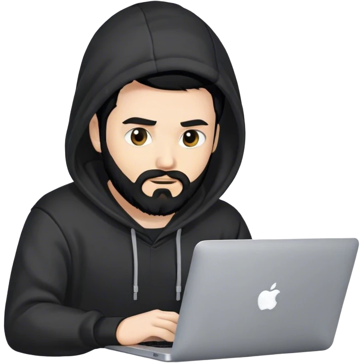 hackeur blanc cheveux noir barbe et capuche noir avec un macbook emoji