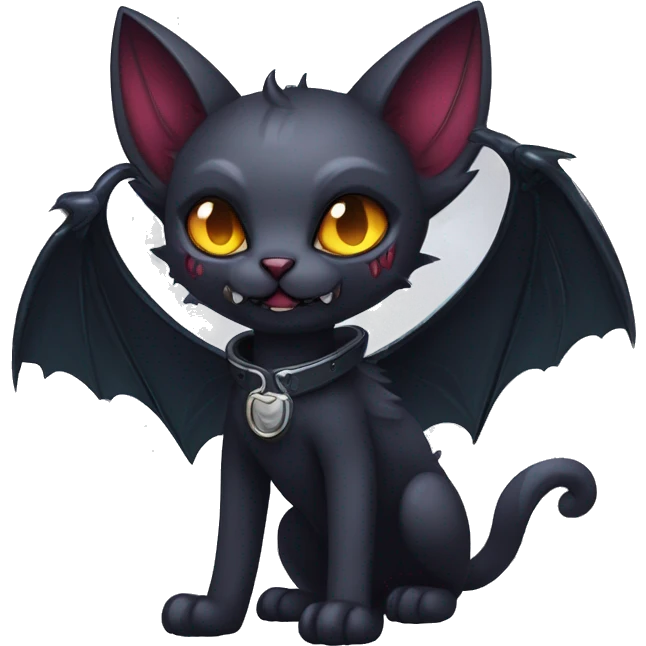  cool edgy fantasy dark-themed animal vampiric cat-hybrid Fakemon with fangs and bat-wing-ears with a collar full body emoji