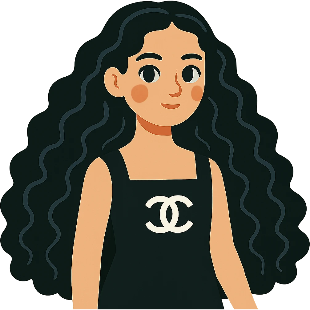 light skin girl with very long black curly hair, brown eyes, black Chanel dress emoji