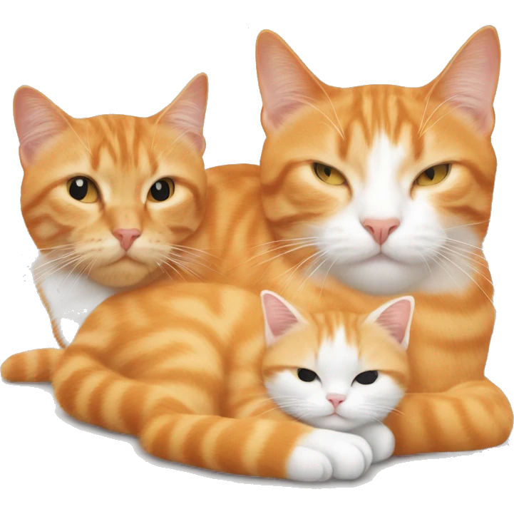 one orange tabby with an orange face, one tabby with an orange and white face, and a white longhair cat all sleeping together emoji
