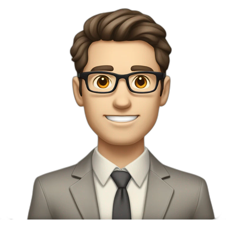 Pale skinned fit man with dark brown hair in gray jacket, beige office shirt, brown tie, brown pants and vintage glasses Writing on the flipchart emoji