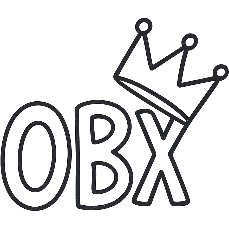 hand-drawn outlined style OBX letters with a tilted crown on top emoji