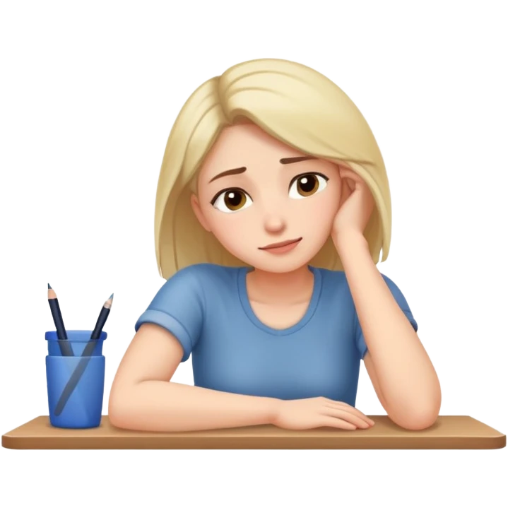Tired woman with slight smile leaning head on one hand, elbow on desk emoji