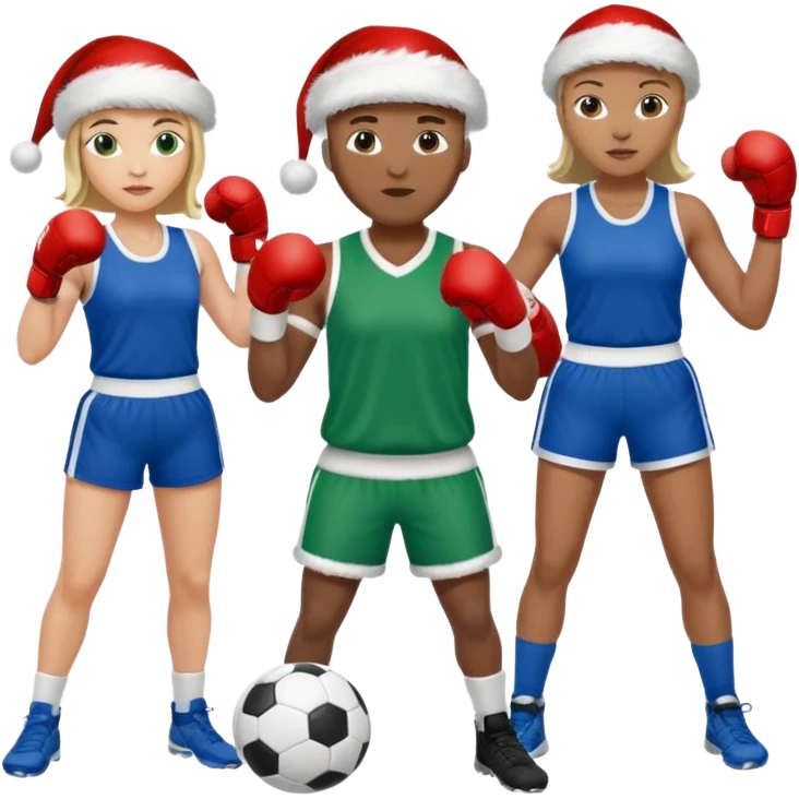 3 atletas, um homem no meio e duas mulheres com cores de pele diferentes, usando elementos esportivos, bola de futebol, luvas de luta e bola de vôlei. Coloque um chapéu de papai noel das cores verde e com roupas azul e branco emoji