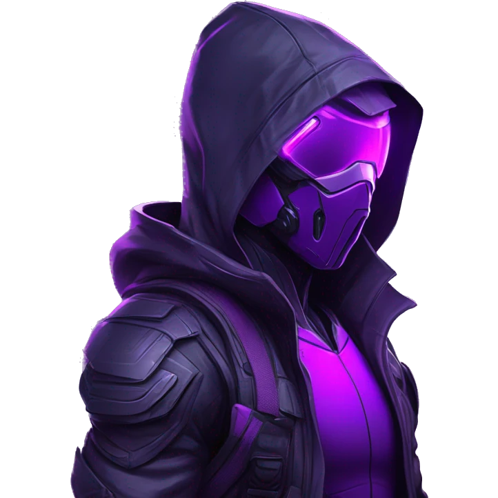 Side view developer behind his laptop with this style : crysis Cyberpunk Valorant neon glowing bright purple character purple violet black hooded assassin themed character emoji