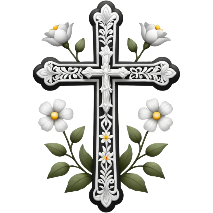 a black and white detailed cross with flowers over lapping emoji