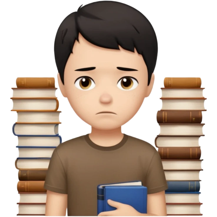 generate a pretty bratz fair skinned boy with short black hair wearing a brown tshirt surrounded by books n looking very sad emoji