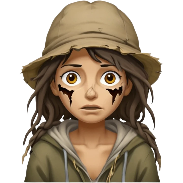 very dirty looking homeless woman with ripped hat and face with ugly hair emoji