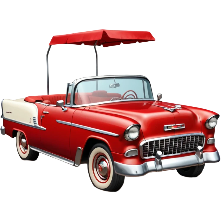 1955 Chevrolet Bel Air Convertible, Red-White color, with a bucket of brown mud pouring down on it, and the car itself is covered in brown dirt on the sides, which is stuck and clearly visible from all sides of the body. 32x32 pixels, aspect ratio: 1:1 emoji