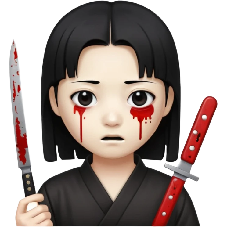 Korean murderer white skin with Asian eyes and holding a small mini kitchen knife with black straight hair with also one eye is blind covered with blood  emoji