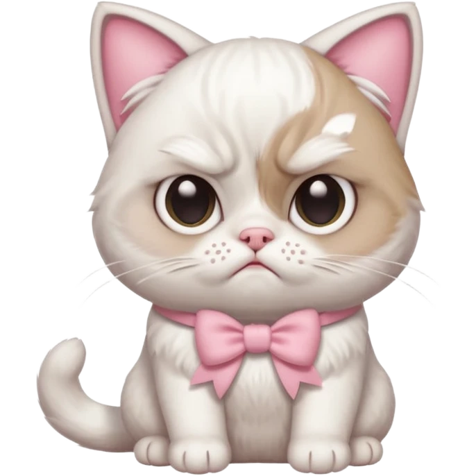 A White grumpy cat with light pink ears and paws and with a bow around its neck emoji
