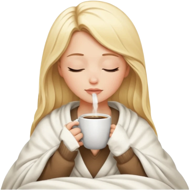 Blonde girl inside a blanket sipping coffee eyes closed emoji