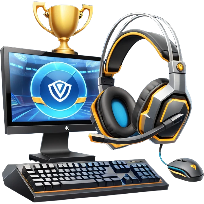 An icon featuring a gaming setup with a high-tech monitor displaying a competitive game, a keyboard, and a gaming mouse. The design includes a headset and a trophy, symbolizing victory and skill in esports. Transparent background highlights the energy and precision of professional gaming. emoji
