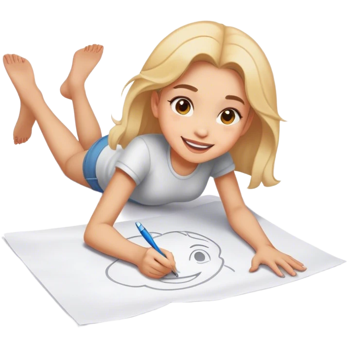 cheerful girl draws on a sheet of paper on the ground emoji