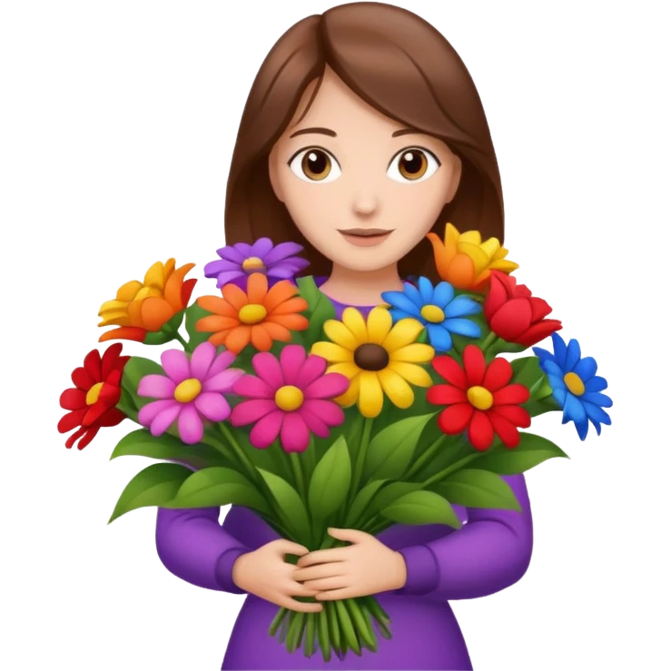 brown hair woman with big bouquet of flowers emoji