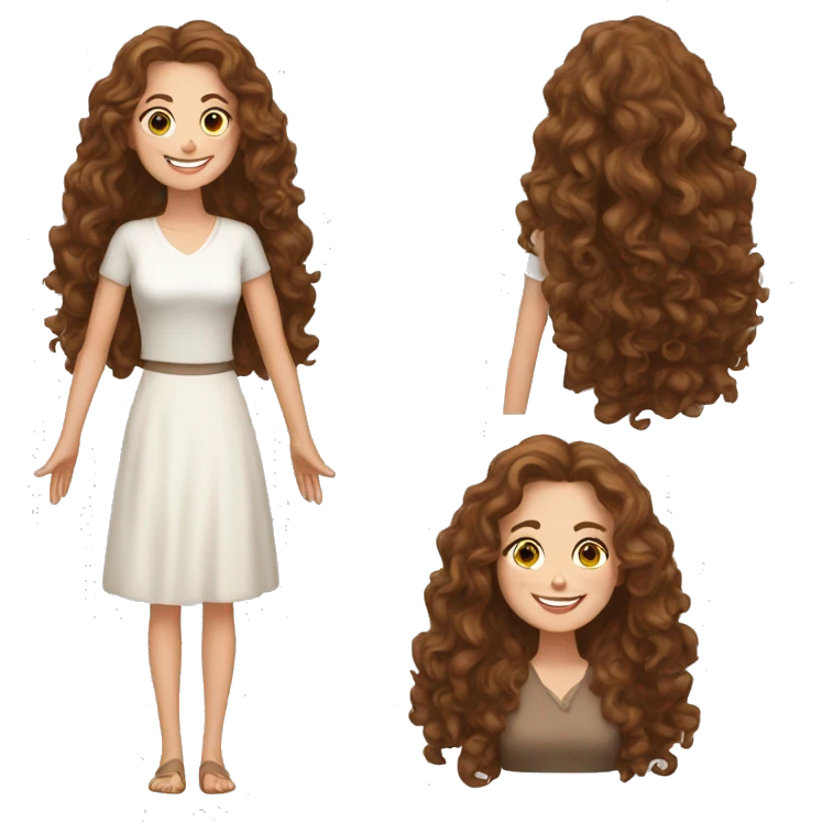 White woman, long brown curly hair, happy, say hello with sher hands emoji