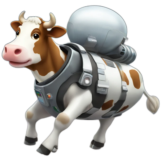 cow with udder flying to space while wearing a jetpack emoji
