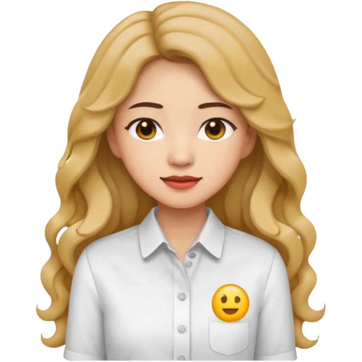 Asian woman, white button-up shirt, long permed wavy hair, emoji style, simple flat colors, transparent background. emoji