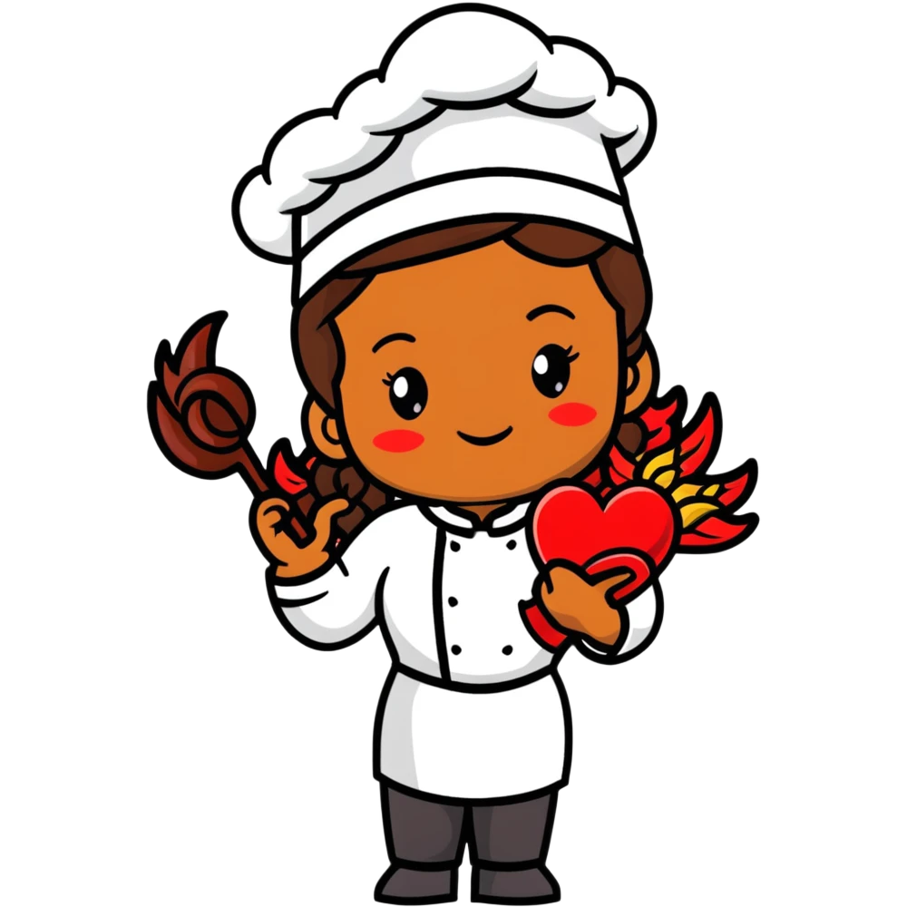 Brown-skinned female chef with long braided brown hair, wearing a chef's hat, with both an angel halo and devil horns, making a heart shape with her hands emoji