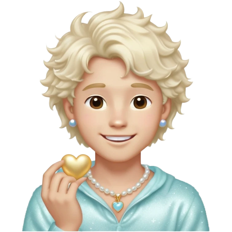 Pretty boy emoji with fluffy hair, heart-shaped face, glowing skin, soft jawline, glossy lips, pearl earring, pastel outfit, silver rings, and sparkles around him. Looks like a model but smiles like a golden retriever. emoji