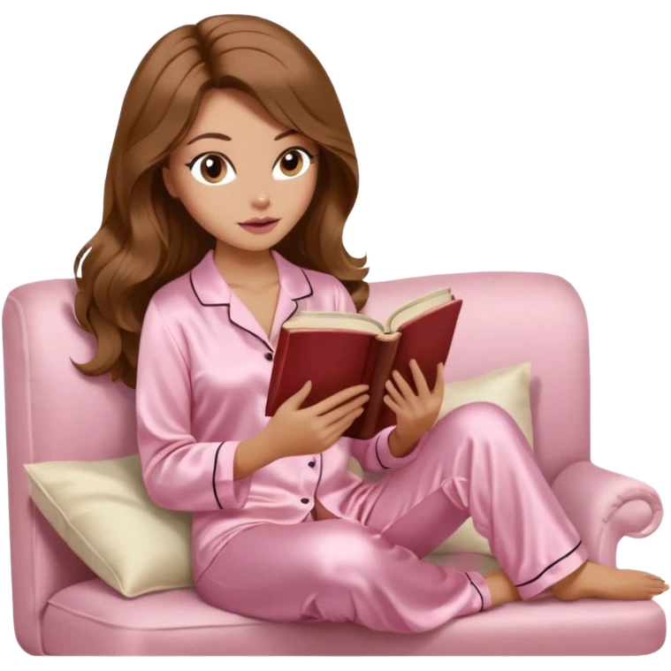 Woman with light tanned skin reading a book on Beige sofa. Long wavy brown hair. Beige ivory colour background. Light pink Silk pyjamas. Realistic person. Fox eye shape with long lashes. Pinky brown lips. emoji